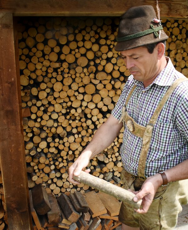 Bauer zeigt ein Stück Holz her | © Urlaub am Bauernhof Oberösterreich / Harald Puchegger