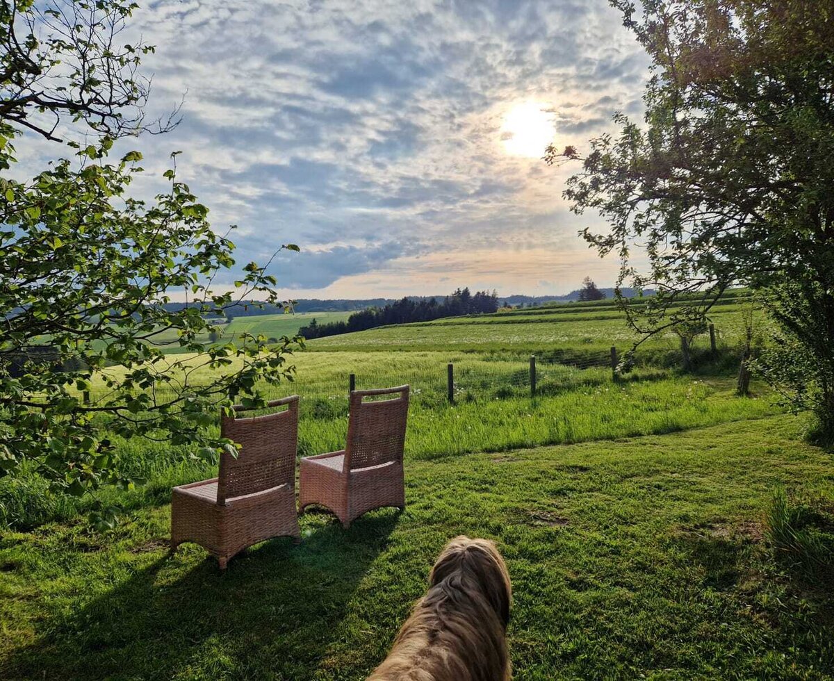 Außenbereich des Ferienhauses mit zwei Korbstühlen und Blick auf die grüne Landschaft.