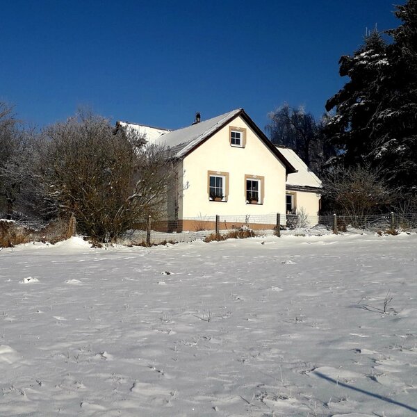 Das Ferienhaus im Winter, umgeben von Schnee und Bäumen unter blauem Himmel.