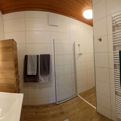 Badezimmer im Bauernhof mit Duschkabine, Waschtisch mit beleuchtetem Spiegel und Handtuchheizkörper.