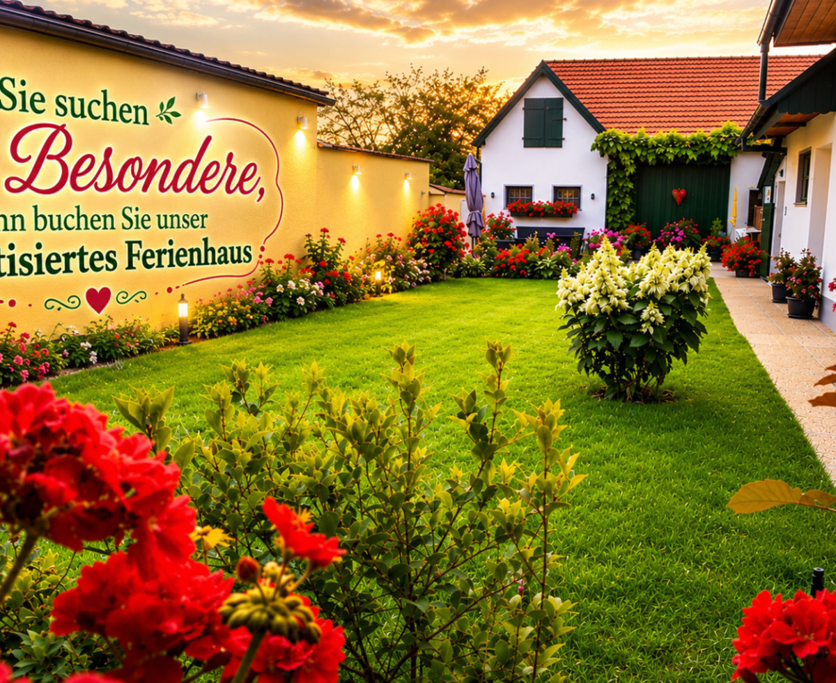 Der liebevoll gestaltete Garten des Bauernhofs mit gepflegtem Rasen, farbenfrohen Blumen und stimmungsvoller Beleuchtung.