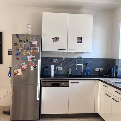 Die Küche mit einem Kühlschrank, weißen Schränken, einer schwarzen Arbeitsplatte und einem Geschirrspüler.