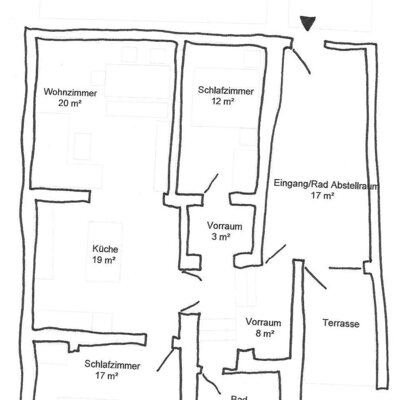 Grundriss Landlibe: ein Wohnzimmer (20 m²), eine Küche (19 m²), zwei Schlafzimmer (12 m² und 17 m²), ein Bad (8 m²), zwei Vorräume, einen Eingang/Rad Abstellraum (17 m²), eine Terrasse und einen Parkplatz.