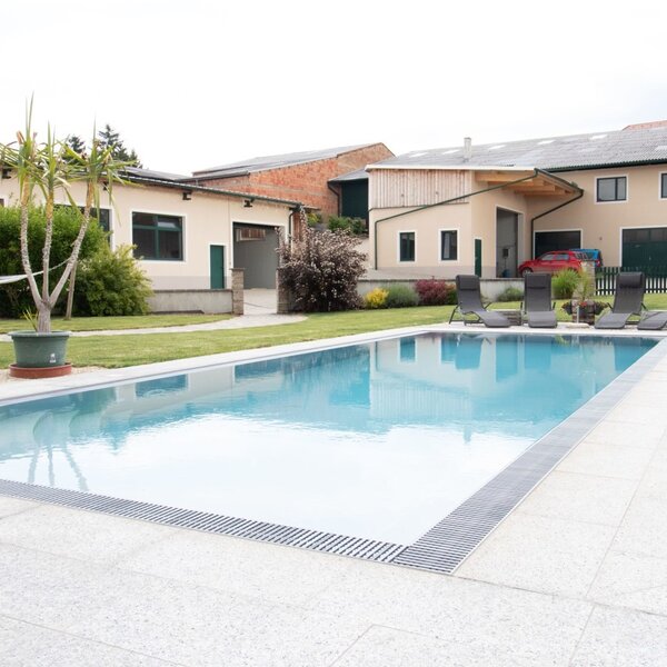 Der Außenpool mit Sonnenliegen im Garten