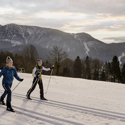 Gäste beim Langlaufen in der verschneiten Umgebung des Bauernhofs mit Blick auf die Wiener Alpen.