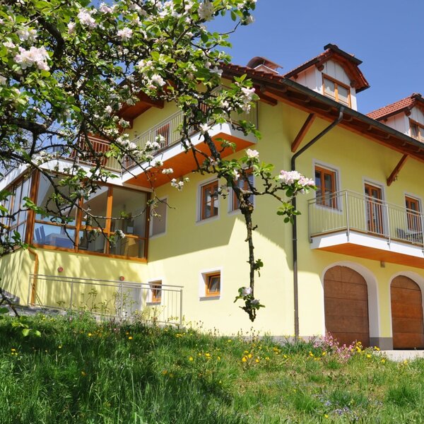 Der Bauernhof mit dem Wintergarten und blühenden Obstbäumen aus dem Streuobstgarten.