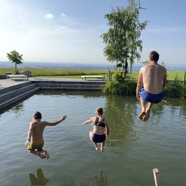 Der Naturschwimmteich des Bauernhofs mit Holzsteg, von dem Gäste ins Wasser springen, umgeben von Landschaft.